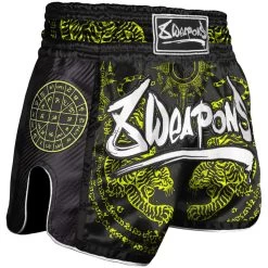 8 Weapons Muay Thai Short Carbon Sak Yant Tigers Neon Geel